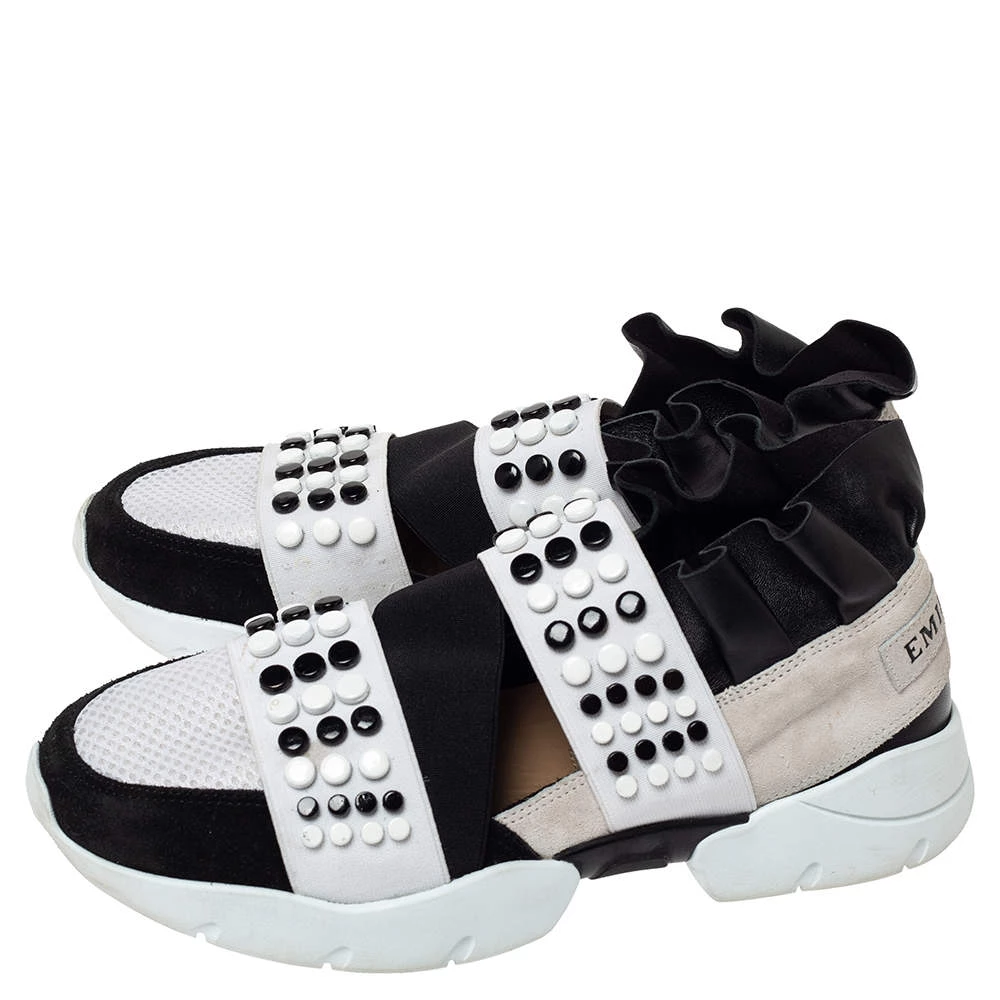 Emilio Pucci Black/White Fabric And Leather City Up Studded Low Top Sneakers Size 38 For Women - Image 4