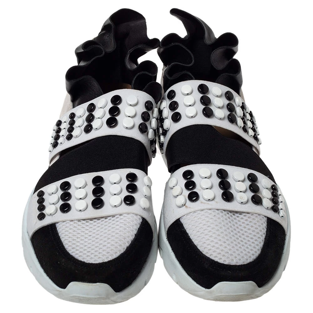 Emilio Pucci Black/White Fabric And Leather City Up Studded Low Top Sneakers Size 38 For Women - Image 3