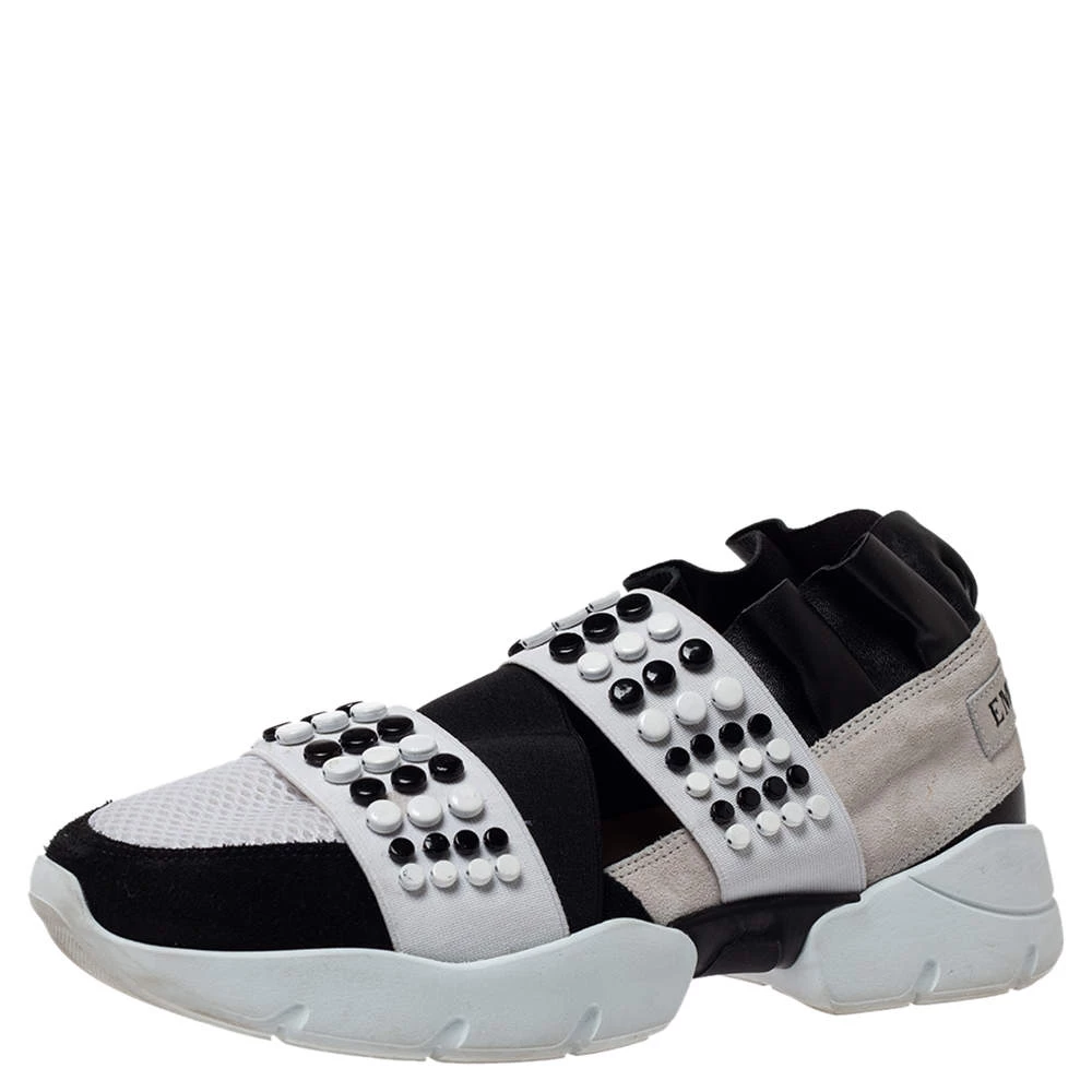 Emilio Pucci Black/White Fabric And Leather City Up Studded Low Top Sneakers Size 38 For Women